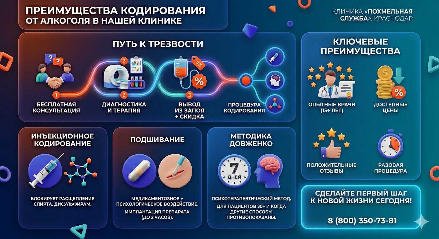 Инфографика о методах кодирования от алкоголя в Высоковске: инъекции, подшивание, метод Довженко. Преимущества клиники и этапы лечения.