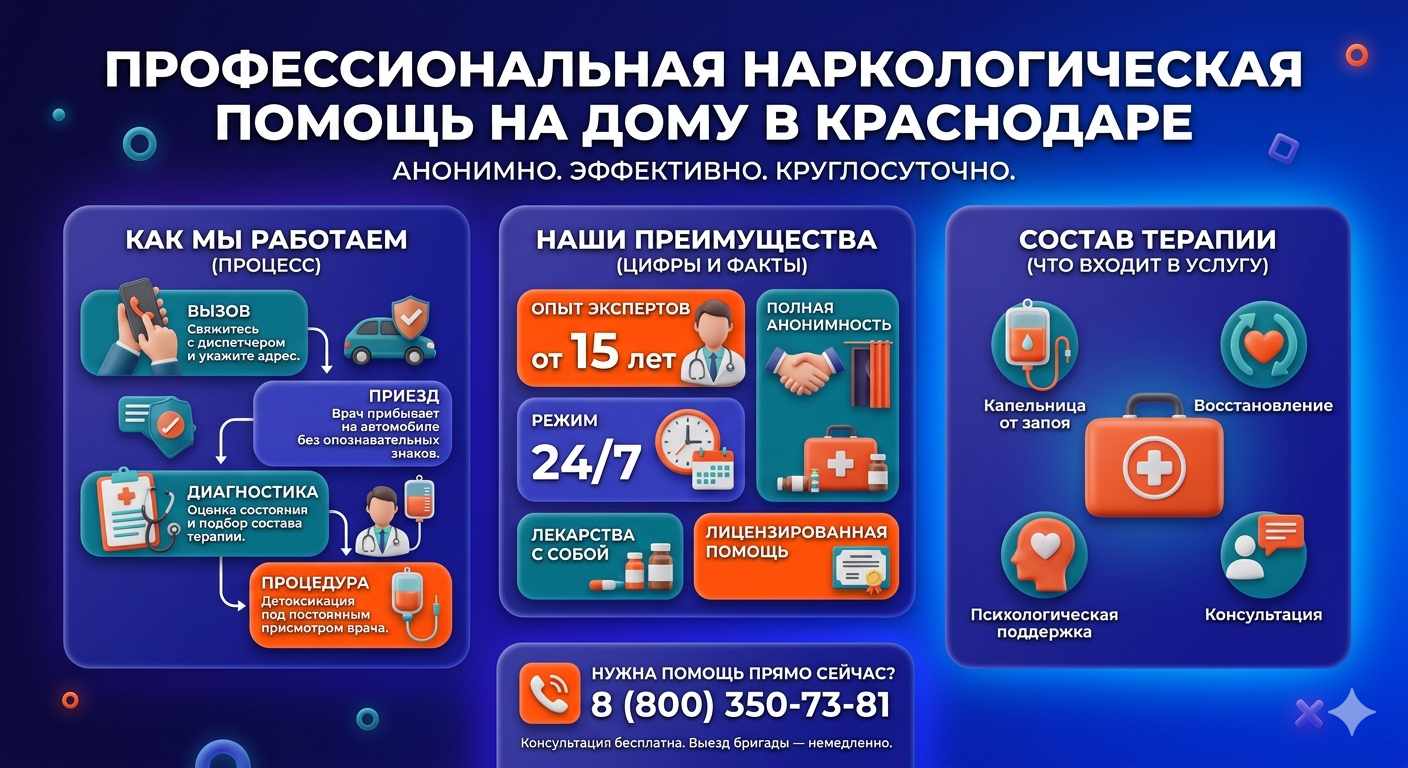 Инфографика о принципах лечения алкоголизма на дому в Высоковске: этапы вызова нарколога, преимущества анонимной детоксикации и состав медицинской помощи.